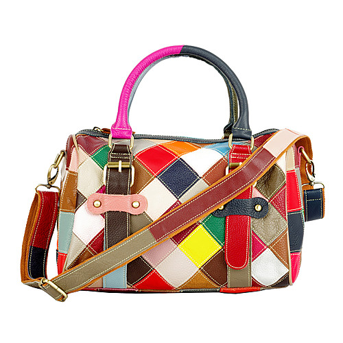 

Women's Bags Leather Cowhide Top Handle Bag Flower Plaid Checkered Mixed Color Fashion Daily Holiday Retro 2021 Tote Rainbow