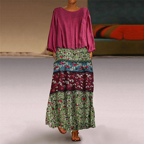 

Women's Shift Dress Maxi long Dress Red Green Navy Blue Long Sleeve Print Print Fall Round Neck Casual Vintage 2021 M L XL XXL 3XL 4XL 5XL