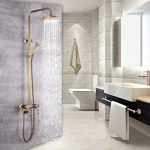 

Shower System Set - Handshower Included pullout Waterfall Vintage Style / Country Antique Brass Mount Outside Ceramic Valve Bath Shower Mixer Taps