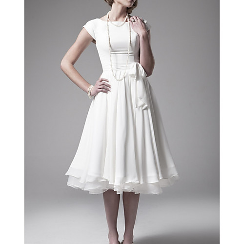 

A-Line Minimalist Elegant Engagement Cocktail Party Dress Jewel Neck Short Sleeve Knee Length Chiffon with Pleats 2021
