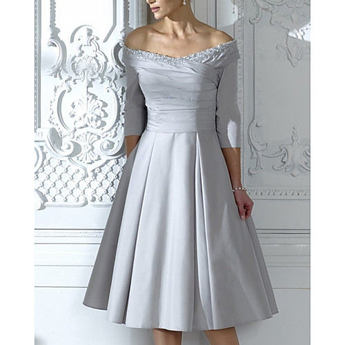 

A-Line Mother of the Bride Dress Elegant Off Shoulder Knee Length Taffeta Half Sleeve with Ruching 2021