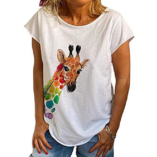 

womens casual round neck short sleeve tee giraffe cartoon animal graphic printed t-shirt summer top for women white
