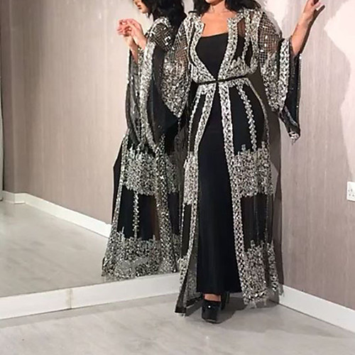 

Women's Swing Dress Maxi long Dress Black Long Sleeve Solid Color Sequins Mesh Fall Round Neck Sexy 2021 S M L XL XXL