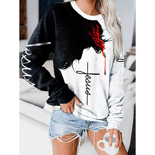 

Women's Pullover Sweatshirt Color Block Letter Print Other Prints Basic Hoodies Sweatshirts White