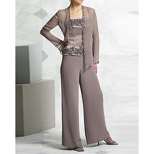 

Pantsuit / Jumpsuit Mother of the Bride Dress Elegant Square Neck Floor Length Chiffon Long Sleeve with Appliques 2021