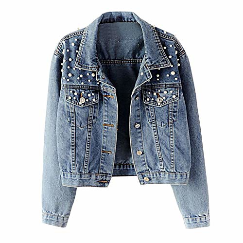 

short outwear coat women's blue long sleeve denim jacket pocket solid beading casual outwear coat