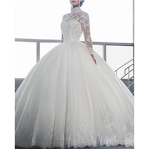 

Ball Gown Wedding Dresses High Neck Court Train Tulle Long Sleeve Glamorous Vintage See-Through Backless Illusion Sleeve with Lace Insert Appliques 2021