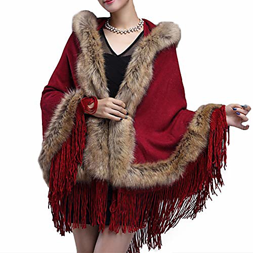 

women's winter faux fur hoodie cardigan tassel cloak shawl red