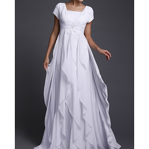 

A-Line Minimalist Elegant Wedding Guest Formal Evening Dress Scoop Neck Short Sleeve Floor Length Chiffon with Tier 2021