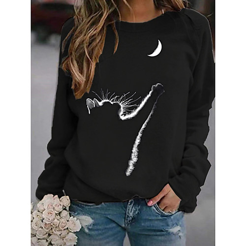 

Women's Pullover Sweatshirt Cat Graphic Daily Basic Hoodies Sweatshirts Black