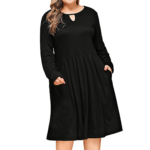 

Women's A Line Dress Knee Length Dress Black Wine Royal Blue Long Sleeve Solid Color Patchwork Fall Round Neck Elegant Casual 2021 XL XXL 3XL 4XL / Plus Size