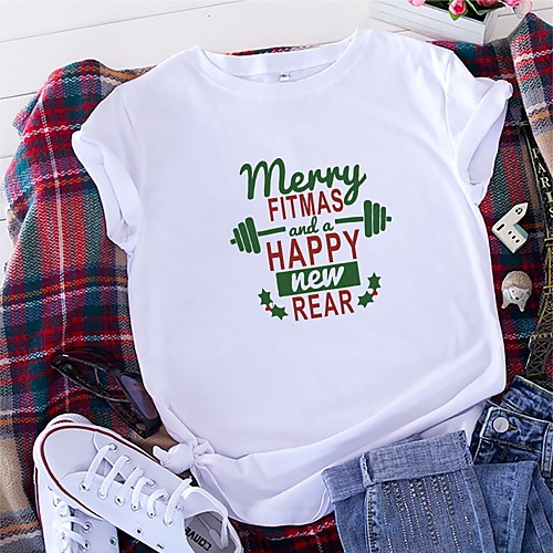 

Women's Christmas T shirt Graphic Graphic Prints Letter Print Round Neck Tops 100% Cotton Basic Christmas Basic Top White Black Yellow