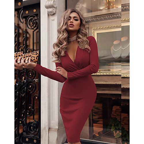 

Women's Wrap Dress Knee Length Dress Red Green Beige Long Sleeve Solid Color Fall Winter V Neck Sexy 2021 S M L XL XXL 3XL