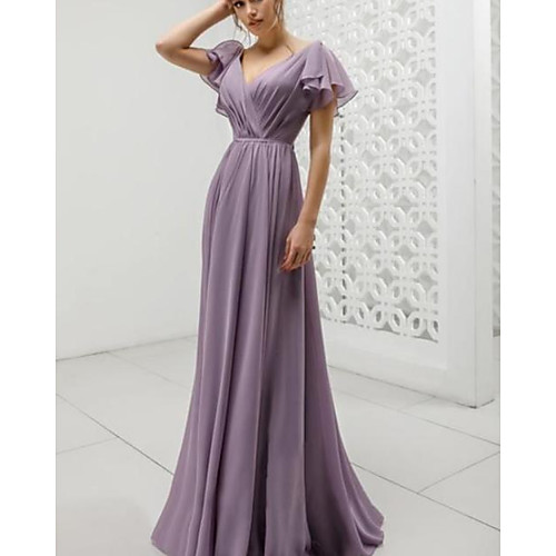 

A-Line V Neck Floor Length Chiffon Bridesmaid Dress with Pleats