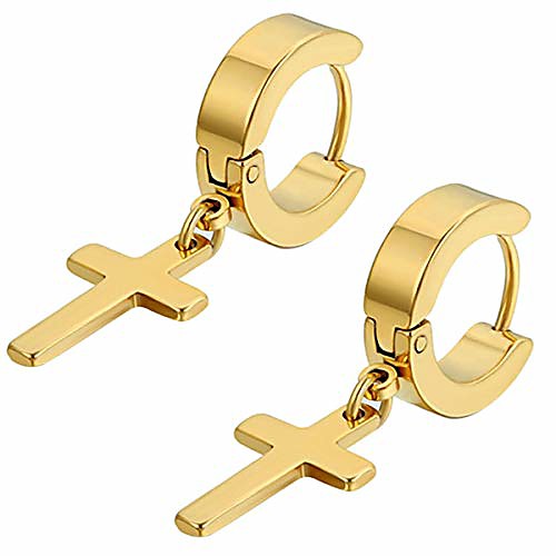 

men's womens vintage stainless steel silver cross dangle hinged hoop earrings, stainless steel hoop huggie earrings cross drop dangle earrings (ed-101) (gold)