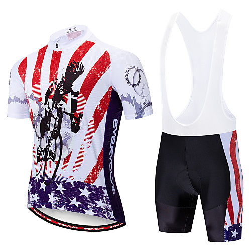 

EVERVOLVE American / USA National Flag Men's Short Sleeve Cycling Jersey with Bib Shorts - White Black Bike Clothing Suit Breathable Quick Dry Anatomic Design Sports Polyster Lycra Mountain Bike MTB