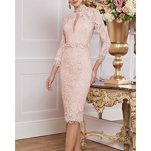 

Sheath / Column Mother of the Bride Dress Plus Size High Neck Knee Length Lace 3/4 Length Sleeve with Appliques 2021