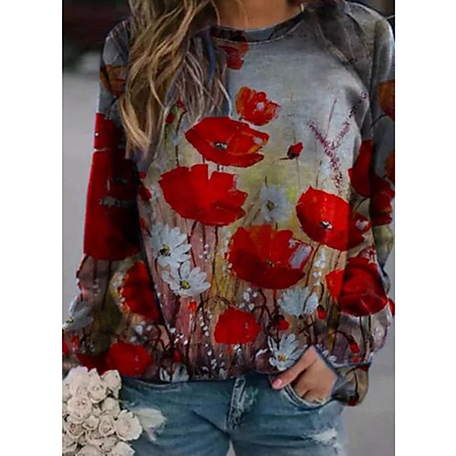 

Women's Blouse Shirt Floral Long Sleeve Print Round Neck Tops Cotton Basic Basic Top Blue Green Gray