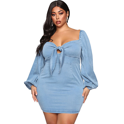 

Women's Sheath Dress Knee Length Dress Light Blue Long Sleeve Solid Color Ruched Bow Fall Summer V Neck Casual 2021 XL XXL XXXL 4XL 5XL / Plus Size