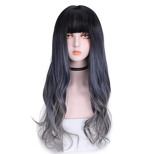 

Synthetic Wig Curly With Bangs Wig Long Blue Synthetic Hair 26 inch Women's Cool Ombre Hair Comfy Blue