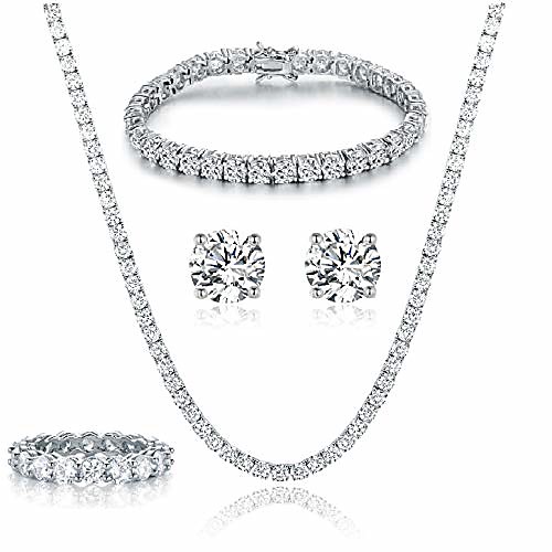 

18k white gold plated tennis necklace/bracelet/earrings/band ring