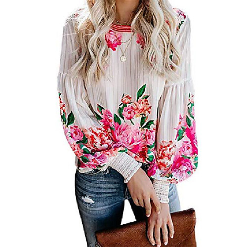 

women's ladies elegant casual floral print crewneck long balloon sleeve tops loose blouses shirts white large