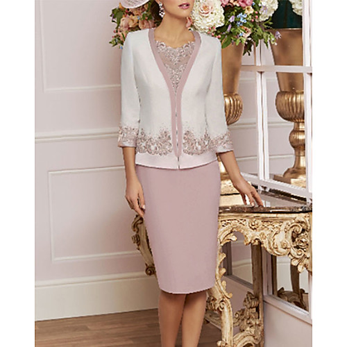 

Sheath / Column Mother of the Bride Dress Wrap Included Jewel Neck Knee Length Lace Jersey 3/4 Length Sleeve with Beading Appliques 2021