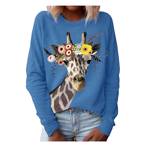 

Women's Christmas Blouse Shirt Graphic Prints Animal Long Sleeve Print Round Neck Tops Christmas Basic Top White Black Blue