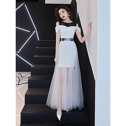 

A-Line Color Block Empire Holiday Prom Dress Jewel Neck Short Sleeve Floor Length Spandex with Lace Insert 2021