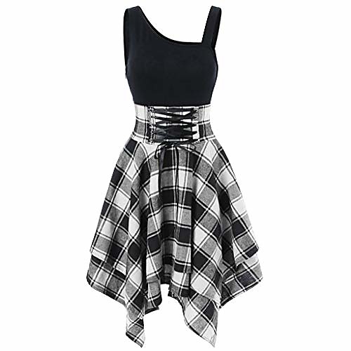 

women's vintage sleeveless cold shoulder dress lace up plaid print irregular swing dress evening party cocktail white