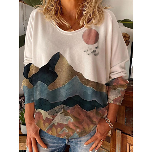 

Women's Tunic Scenery Long Sleeve Print V Neck Tops Basic Top White