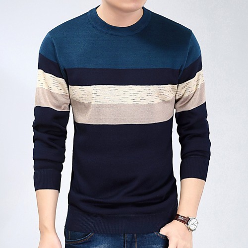 

Men's Knitted Color Block Pullover Cotton Long Sleeve Sweater Cardigans Crew Neck Fall Winter Red Orange Light Blue