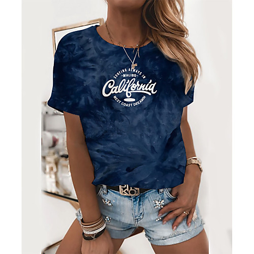 

Women's T shirt Graphic Tie Dye Text Print Round Neck Tops Basic Basic Top Black Blushing Pink Navy Blue