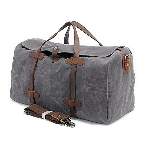 

vintage waxed leather canvas travel bag  extra large man capacity holdall, travel duffle, carry-on baggage, gym bag with adjustable and detachable shoulder strap - xl gray