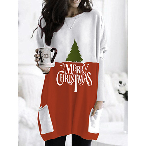 

Women's T Shirt Dress Tee Dress Short Mini Dress White Red Wine Green Long Sleeve Print Letter Animal Patchwork Print Fall Round Neck Casual Christmas 2021 S M L XL