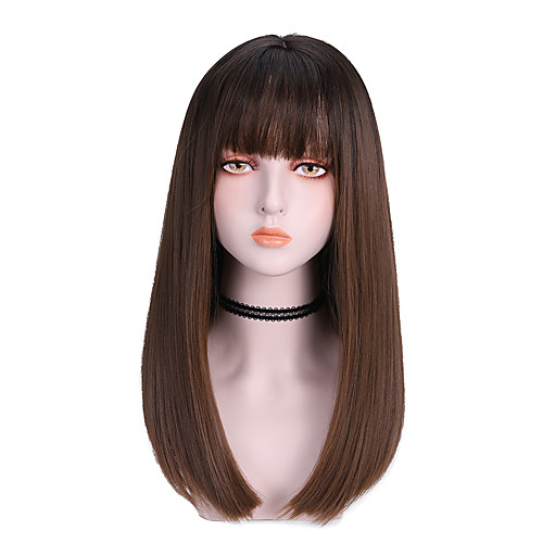 

Synthetic Wig Straight With Bangs Wig Medium Length Light Brown Dark Brown Brown Black Synthetic Hair 16 inch Women's Cute Soft Fluffy Dark Brown Brown