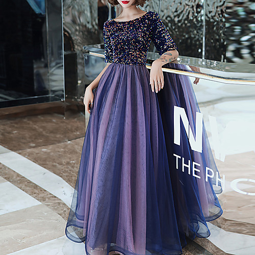 

A-Line Sparkle Elegant Wedding Guest Prom Dress Jewel Neck Half Sleeve Floor Length Tulle Sequined with Sequin 2021