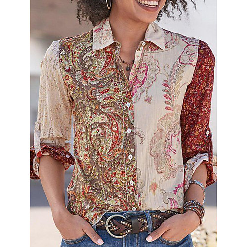 

Women's Shirt Leaf Graphic Prints Long Sleeve Button Print Shirt Collar Tops Basic Top Khaki