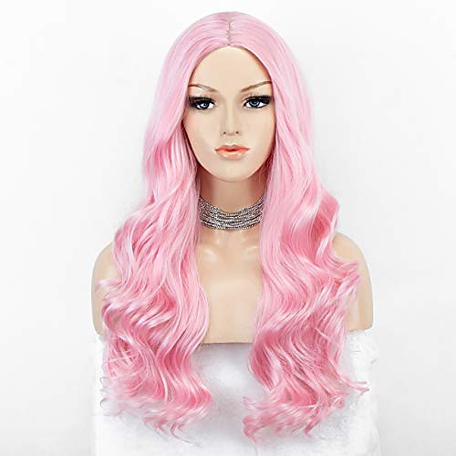 

baby pink wig long wavy pink wig with middle parting light pink synthetic wigs for cosplay party glueless 22 inches