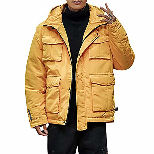 

fashion down alternative coat men's winter casual pure color hooded warm cotton clothing overcoat beautyfine yellow