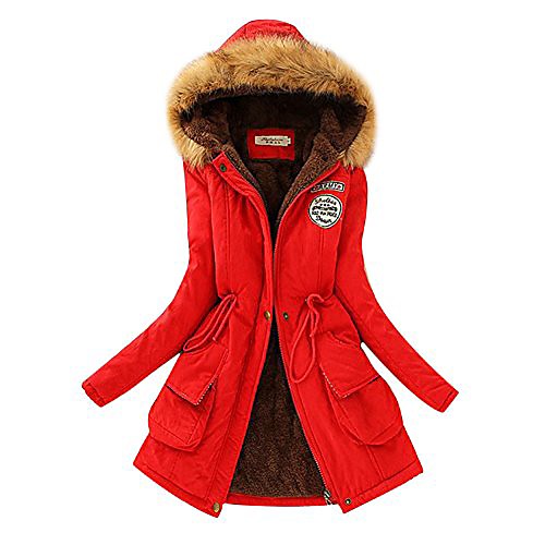 

womens winter hooded warm coats parkas faux fur cotton jackets long sleeve with pockets red l