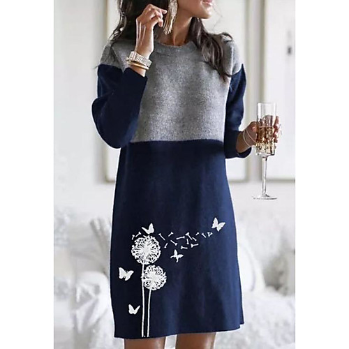 

Women's Shift Dress Knee Length Dress Blue Wine Green Long Sleeve Print Color Block Patchwork Print Fall Winter Round Neck Elegant 2021 S M L XL XXL 3XL