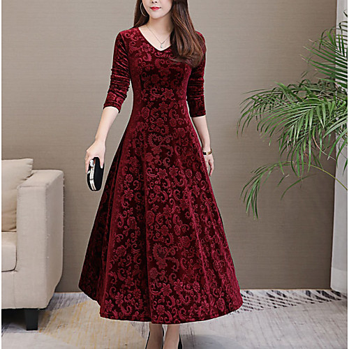 

Women's Sheath Dress Maxi long Dress Black Blue Purple Wine Green Long Sleeve Print Patchwork Print Fall Winter V Neck Casual 2021 M L XL XXL 3XL
