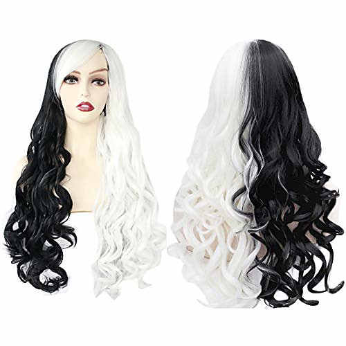 

black and white wig with bangs cosplay costume synthetic long curly wigs hair for women (black and white)
