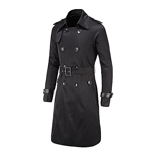 

men's trench coat long double button down jacket military trench coat slim coat with belt black us l (asian 3xl)