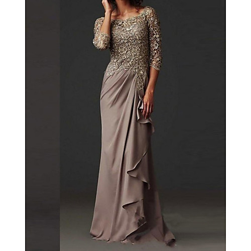 

Sheath / Column Mother of the Bride Dress Elegant Bateau Neck Floor Length Chiffon Lace 3/4 Length Sleeve with Lace 2021