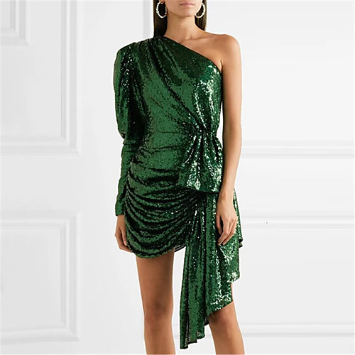 

Sheath / Column Sparkle Sexy Homecoming Party Wear Dress One Shoulder Long Sleeve Short / Mini Sequined with Sequin 2021