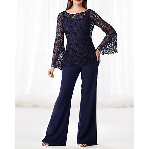 

Pantsuit / Jumpsuit Mother of the Bride Dress Plus Size Elegant Bateau Neck Floor Length Chiffon Lace Long Sleeve with Buttons Appliques 2021