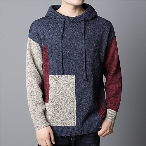

Men's Stylish Knitted Color Block Pullover Long Sleeve Sweater Cardigans Hooded Fall Winter Blue Khaki