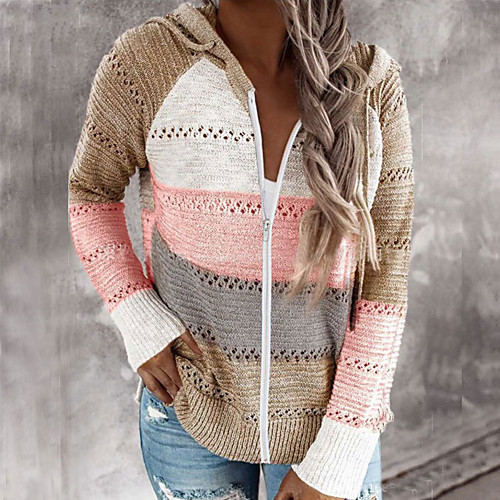 

Women's Knitted Striped Cardigan Long Sleeve Sweater Cardigans Hooded Fall Winter Wine Khaki Gray